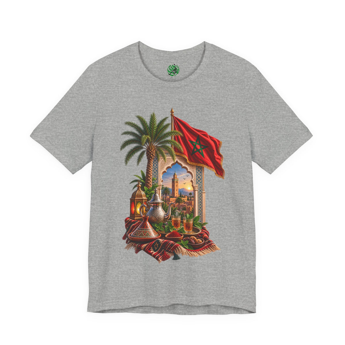 Moroccan Flag Medina Scene T-Shirt | Palm Tree, Lanterns, Tea Set