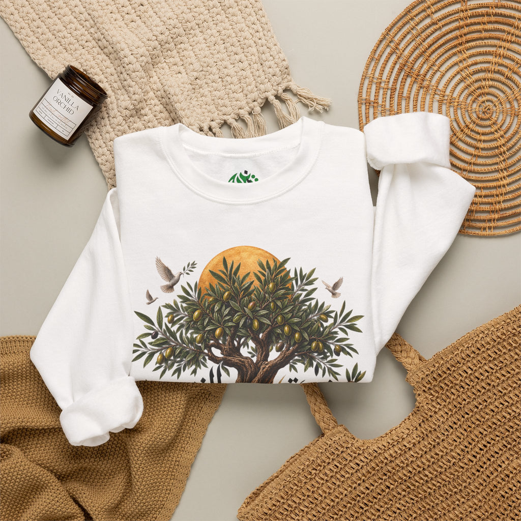 Sweat-shirt illustration Olivier | Calligraphie palestinienne, soleil et oiseaux