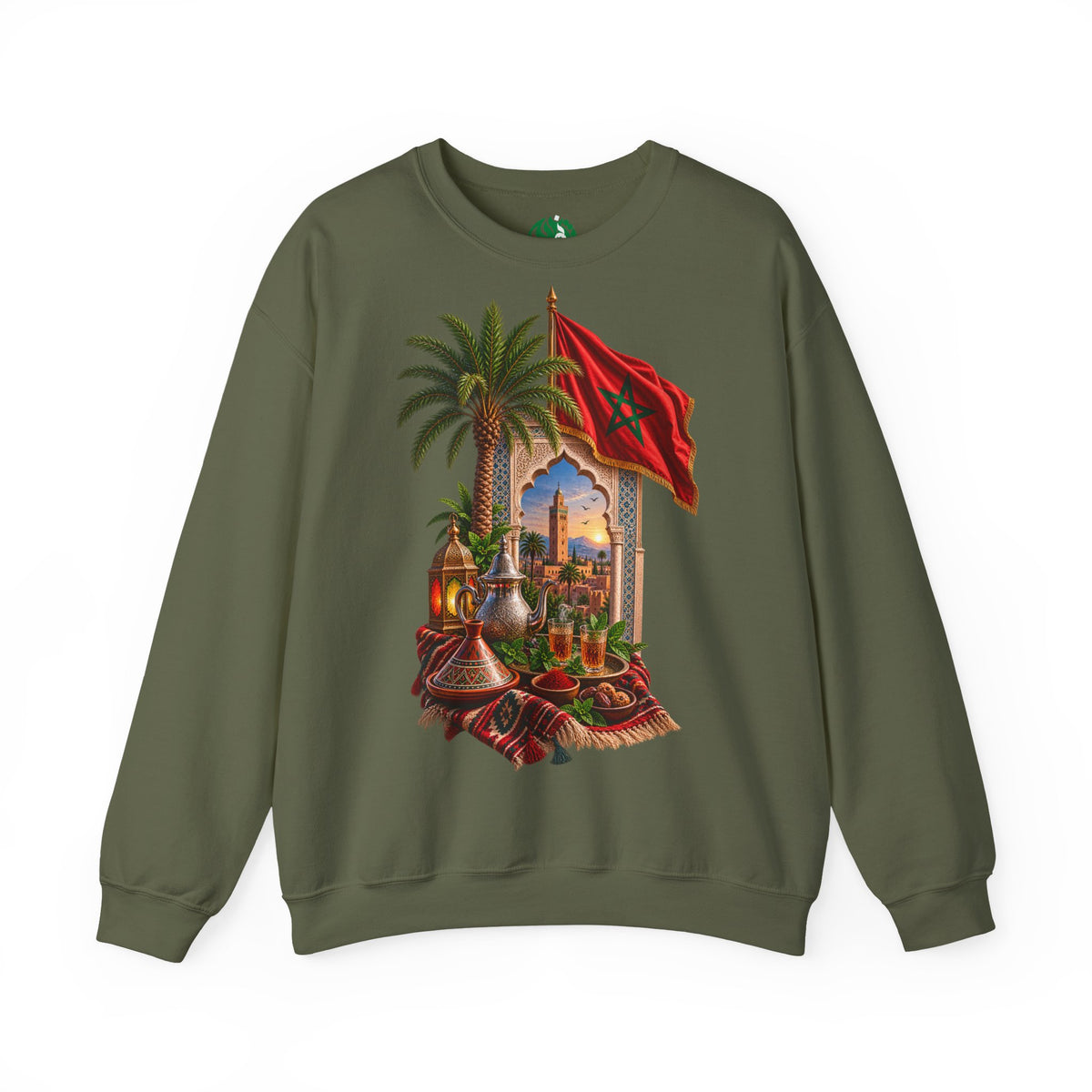 Moroccan Medley Crewneck Sweatshirt — Moroccan Flag & Desert Scene