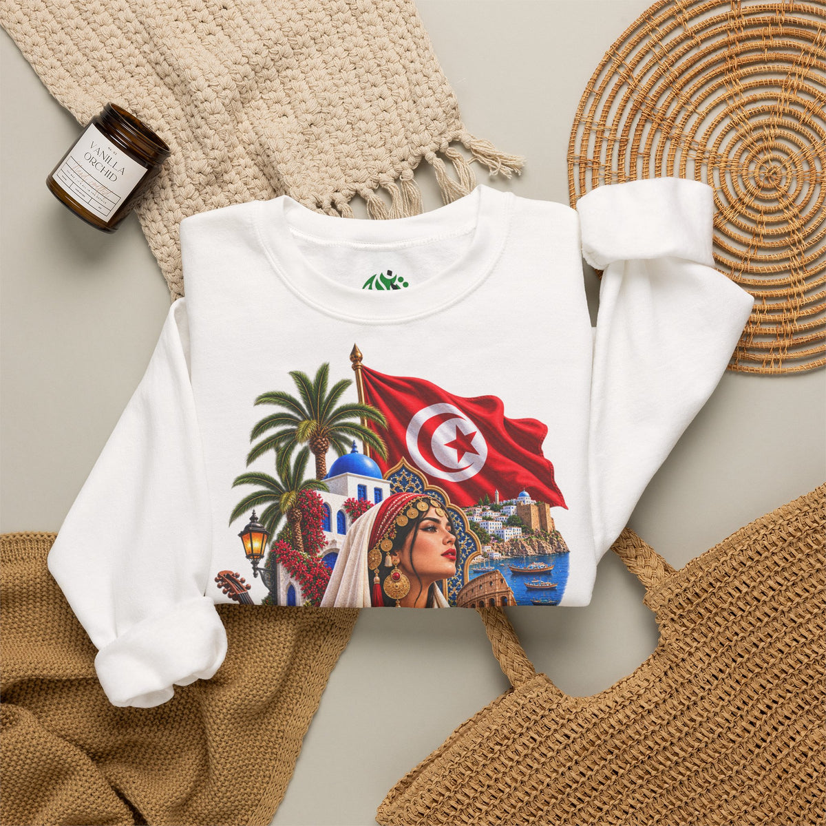 Sweat-shirt ras du cou Héritage Tunisien – Drapeau tunisien et collage culturel