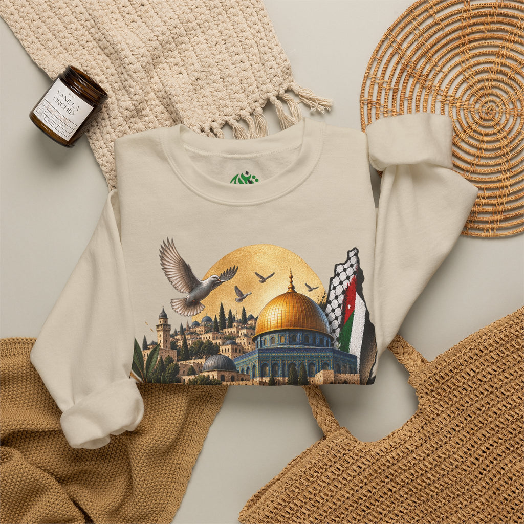 Jerusalem Dome of the Rock Illustration Sweatshirt | Arabic Calligraphy, Palestinian Flag