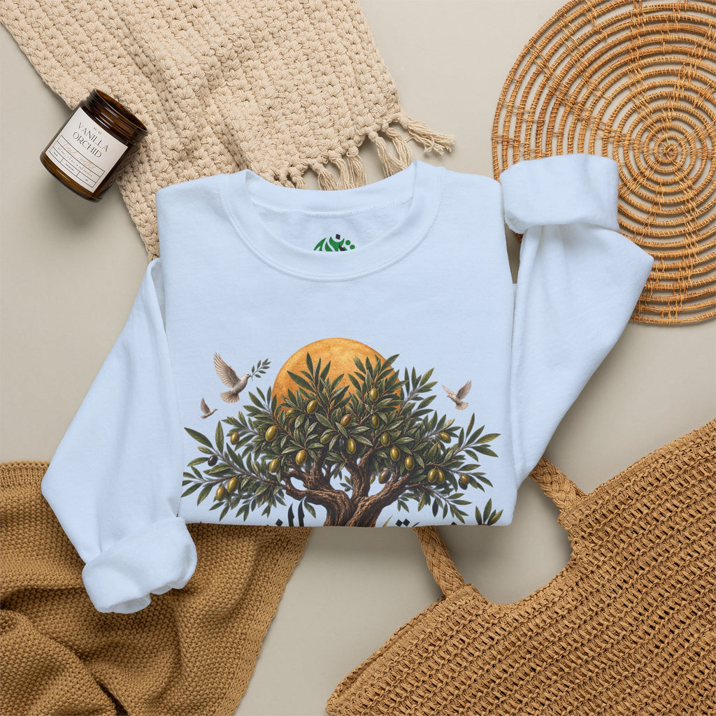Sweat-shirt illustration Olivier | Calligraphie palestinienne, soleil et oiseaux
