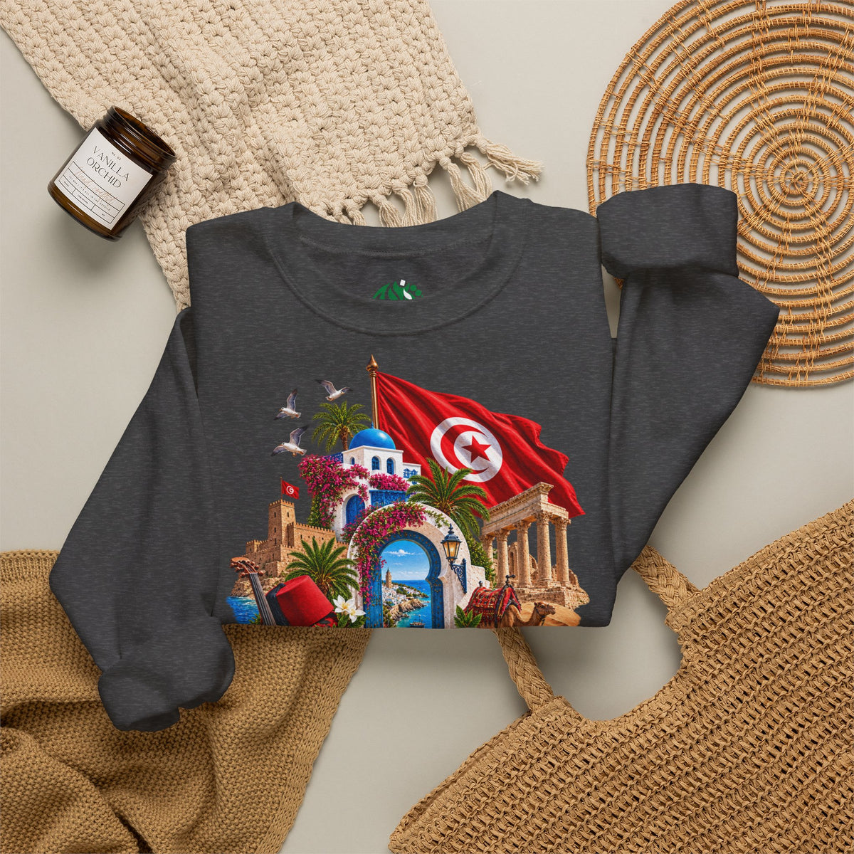 Tunisia travel collage sweatshirt | Tunisian flag, medina, palm trees