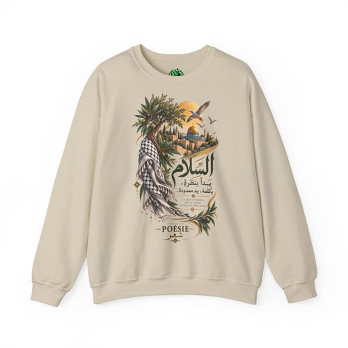 Arabic Palm Oasis Graphic Sweatshirt — "Peace" Poetry Crewneck