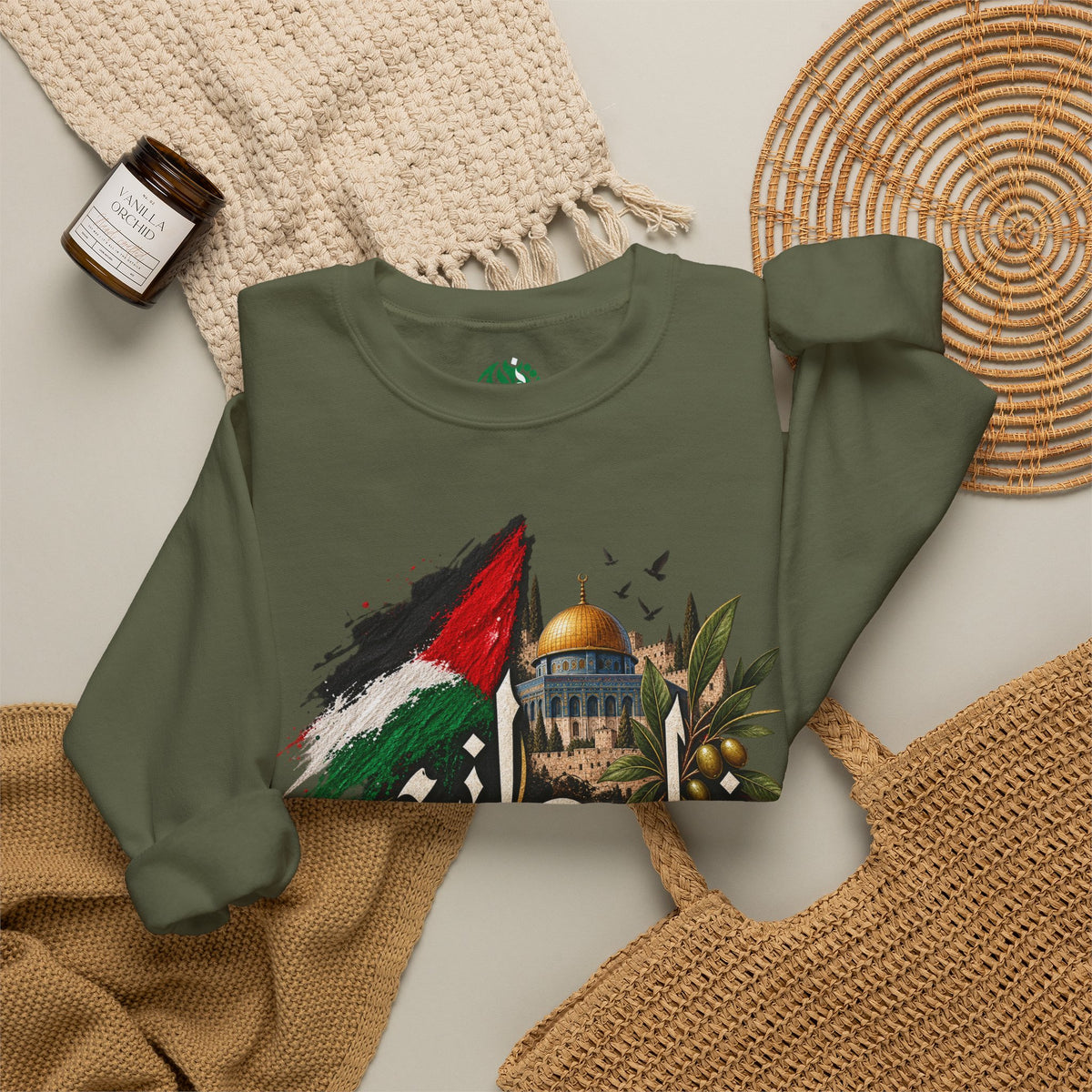 Palestine Dome of the Rock Flag Sweatshirt | Arabic Calligraphy, Olive Branch