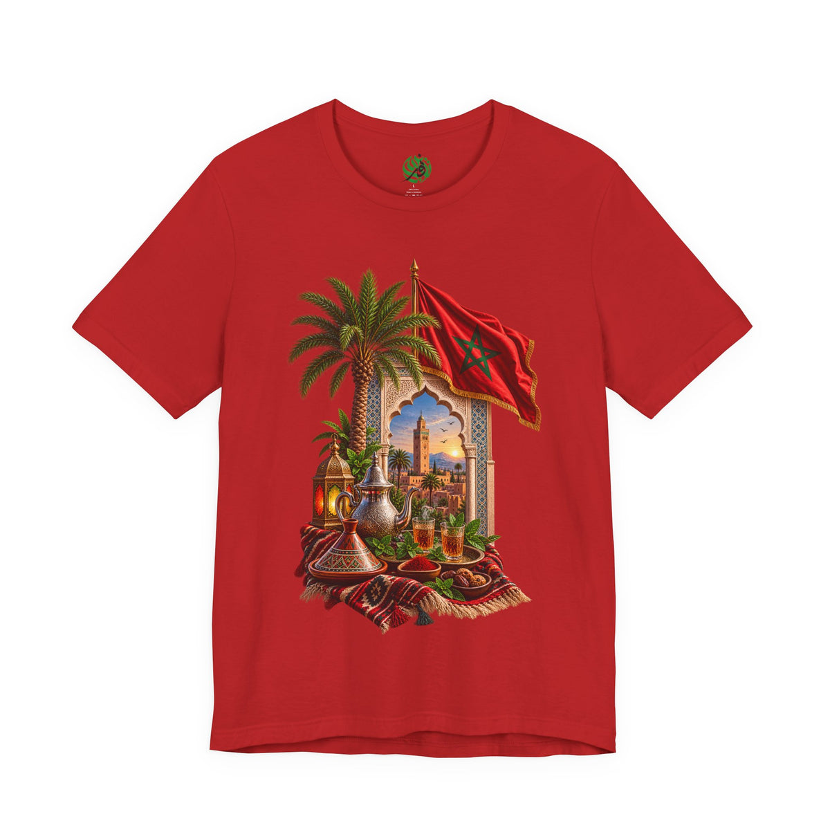 Moroccan Flag Medina Scene T-Shirt | Palm Tree, Lanterns, Tea Set