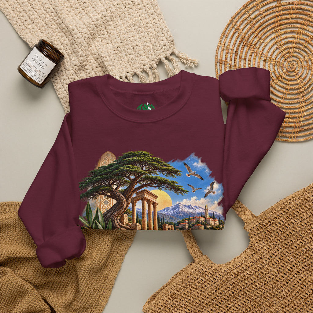Levant Vintage Ruins Crewneck Sweatshirt | Arabic Calligraphy Landscape