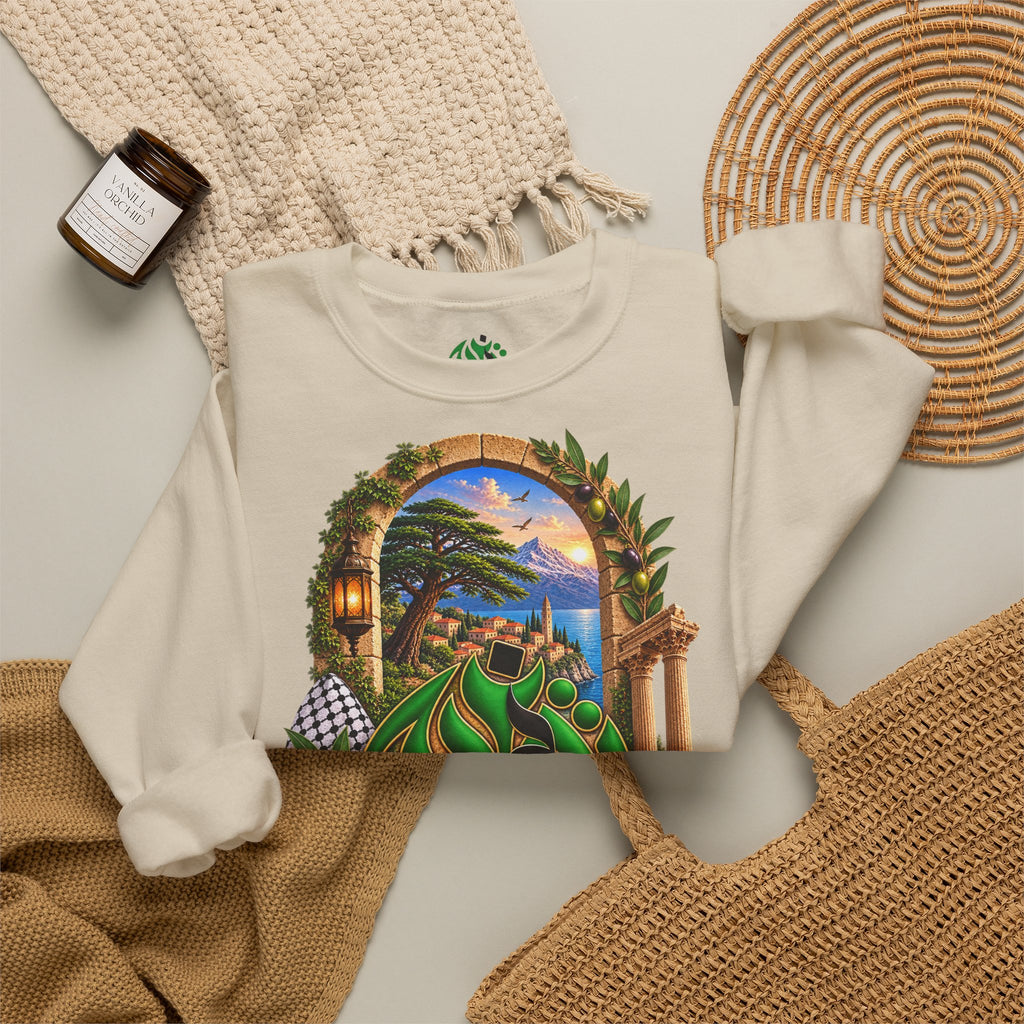 Sweat-shirt à col rond avec calligraphie arabe levantine | Illustration panoramique méditerranéenne