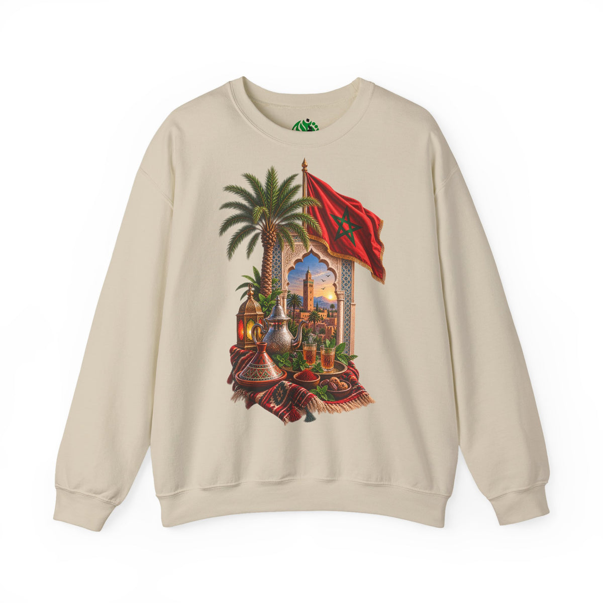 Moroccan Medley Crewneck Sweatshirt — Moroccan Flag & Desert Scene
