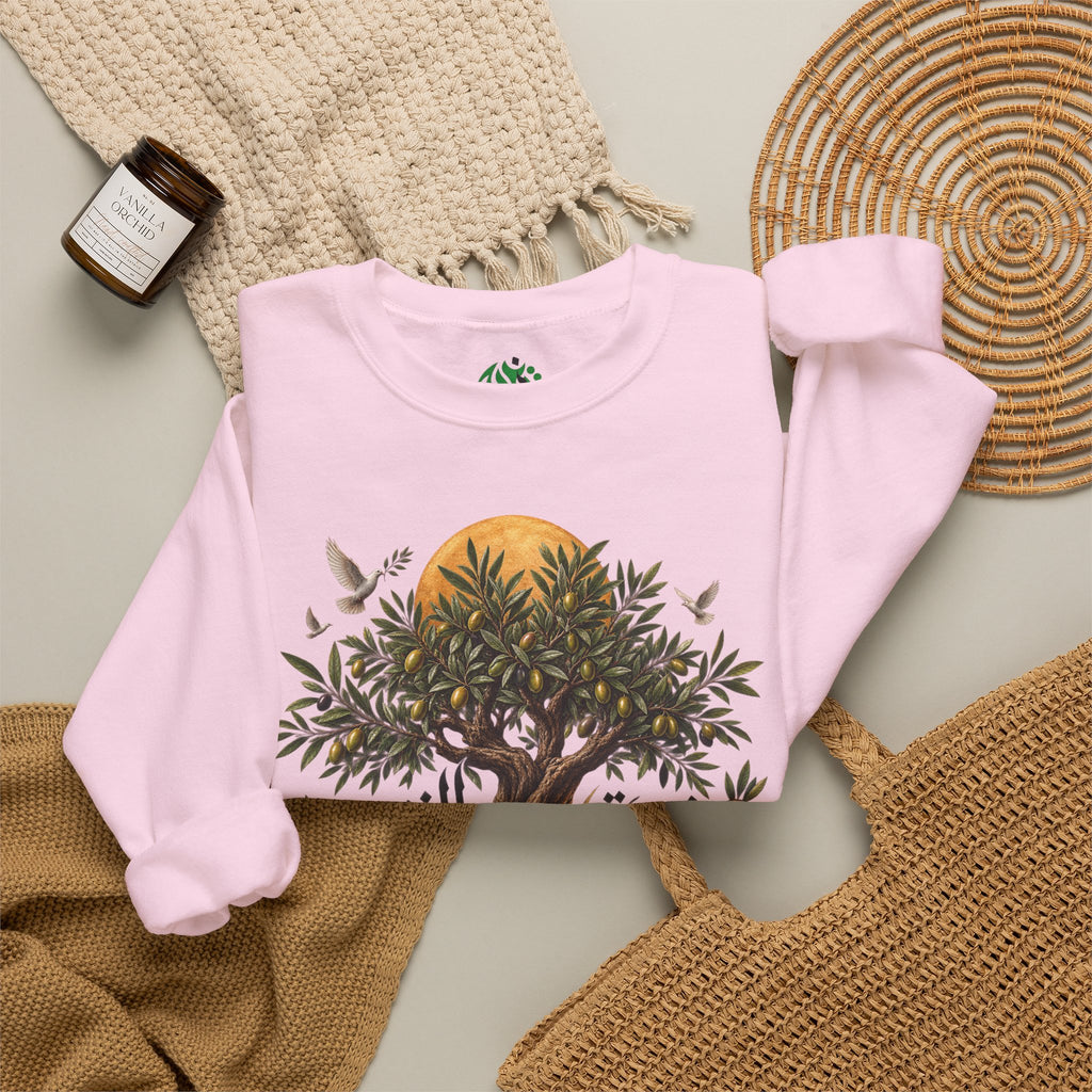 Sweat-shirt illustration Olivier | Calligraphie palestinienne, soleil et oiseaux