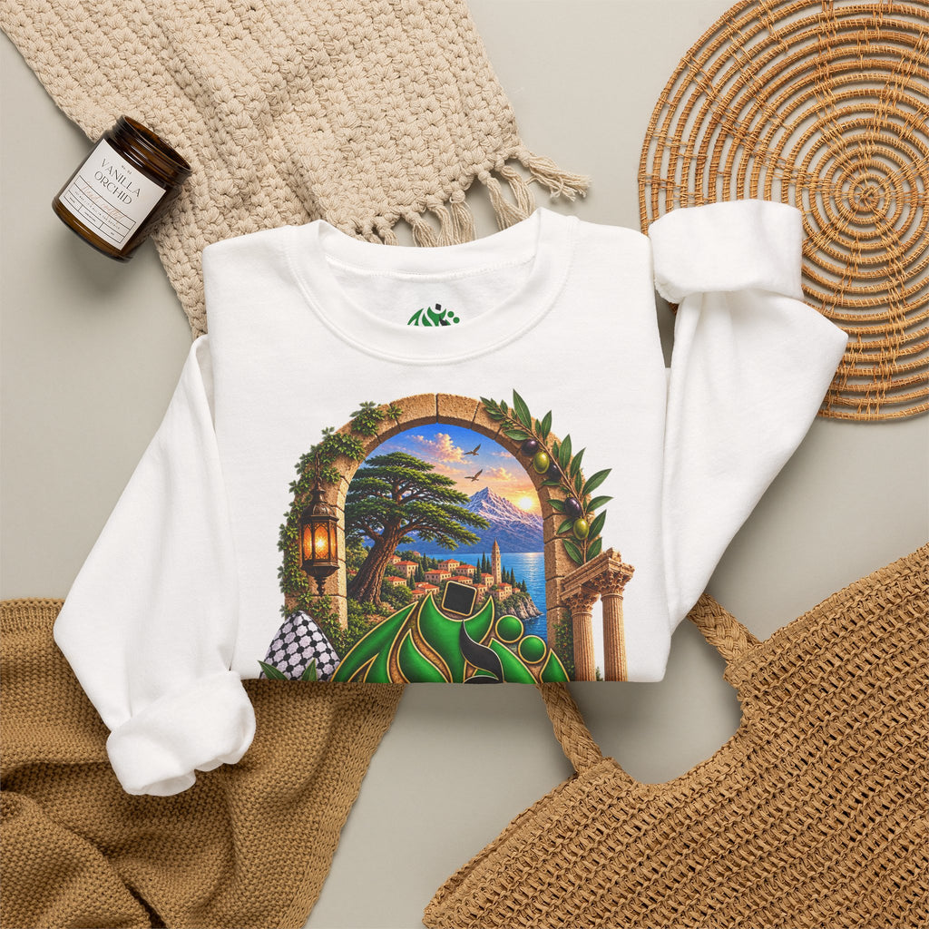 Sweat-shirt à col rond avec calligraphie arabe levantine | Illustration panoramique méditerranéenne