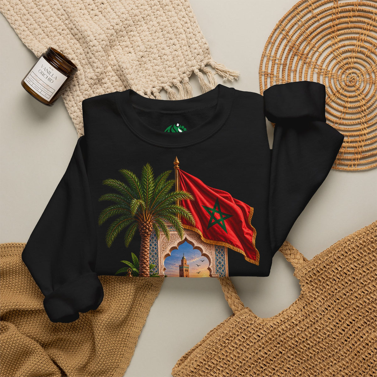 Moroccan Medley Crewneck Sweatshirt — Moroccan Flag & Desert Scene