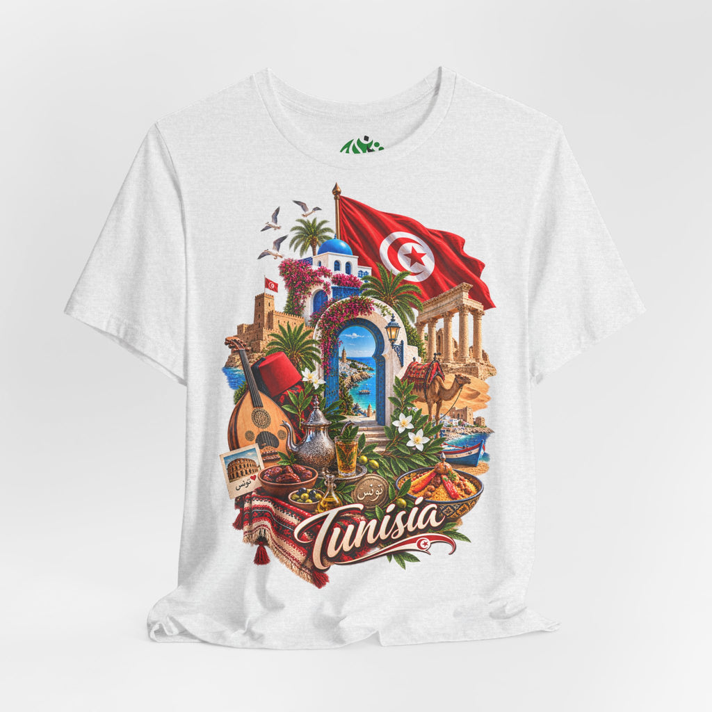Tunisia travel collage T-Shirt | Tunis flag, medina, guitar, palm trees