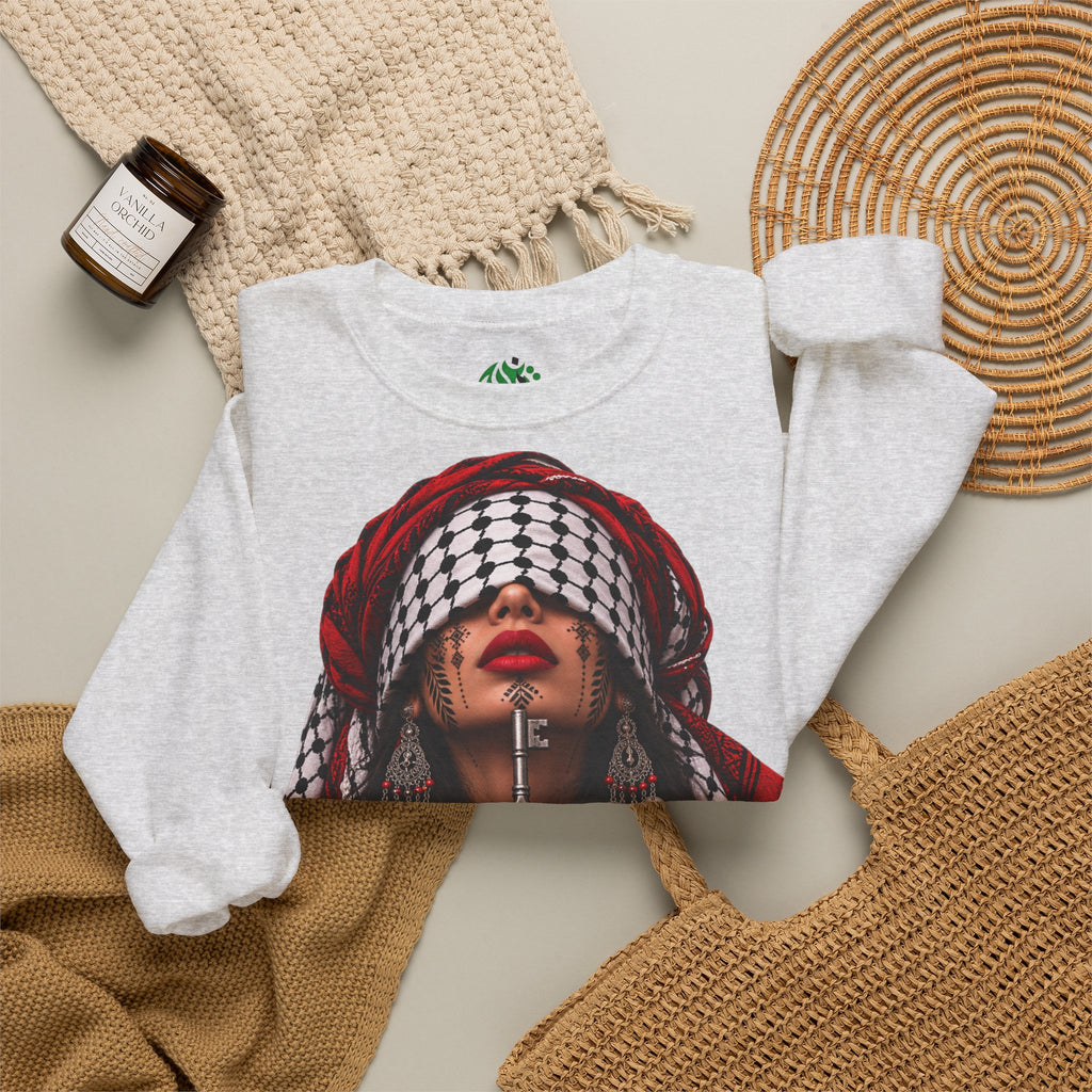 Palestinian Keffiyeh Woman Graphic Sweatshirt — Resilience Portrait Crewneck