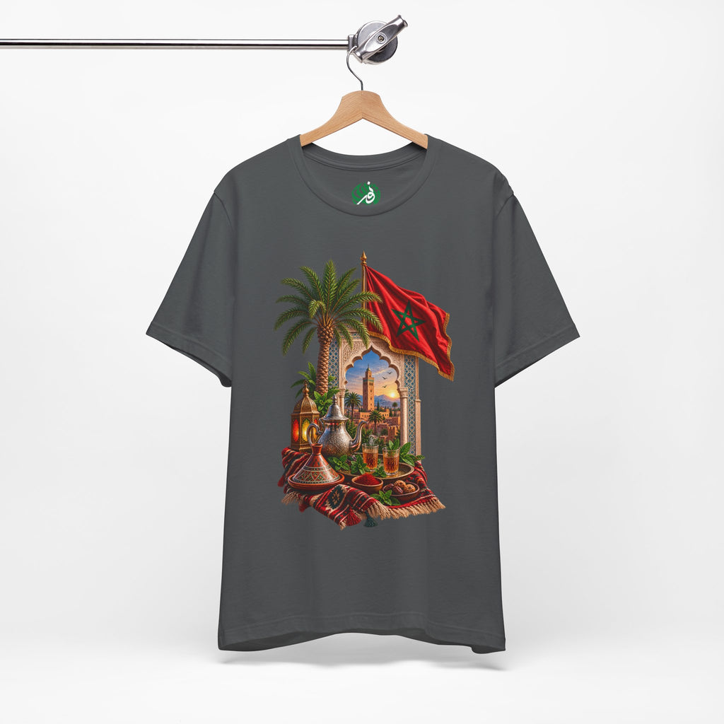 Moroccan Flag Medina Scene T-Shirt | Palm Tree, Lanterns, Tea Set