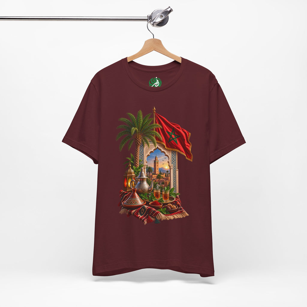 Moroccan Flag Medina Scene T-Shirt | Palm Tree, Lanterns, Tea Set