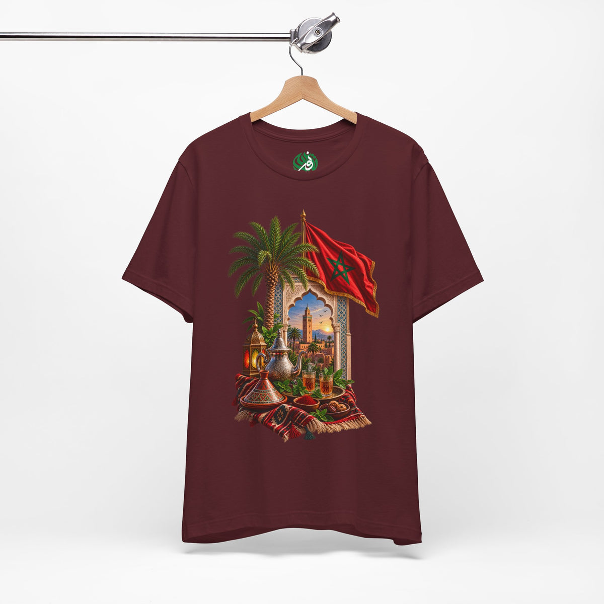 Moroccan Flag Medina Scene T-Shirt | Palm Tree, Lanterns, Tea Set