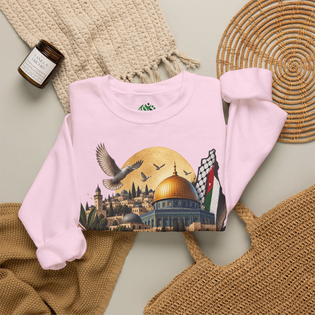 Jerusalem Dome of the Rock Illustration Sweatshirt | Arabic Calligraphy, Palestinian Flag