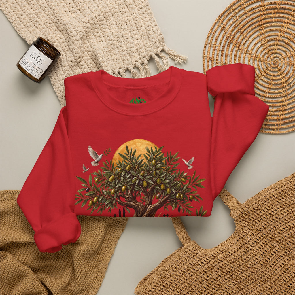 Sweat-shirt illustration Olivier | Calligraphie palestinienne, soleil et oiseaux