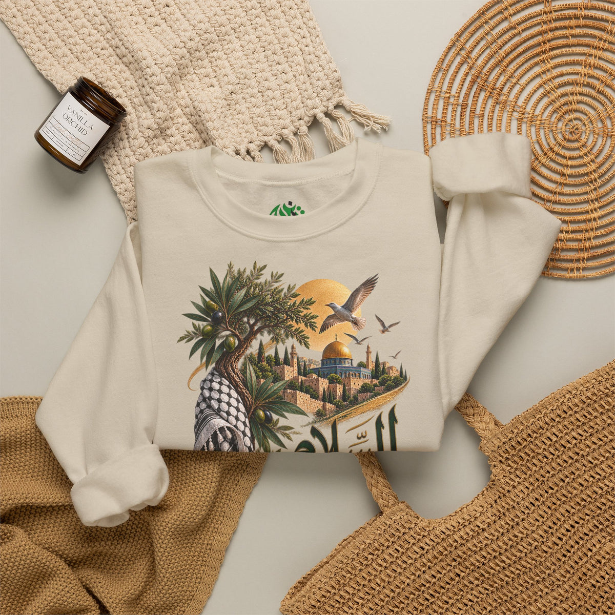 Arabic Palm Oasis Graphic Sweatshirt — "السلام" Poésie Crewneck