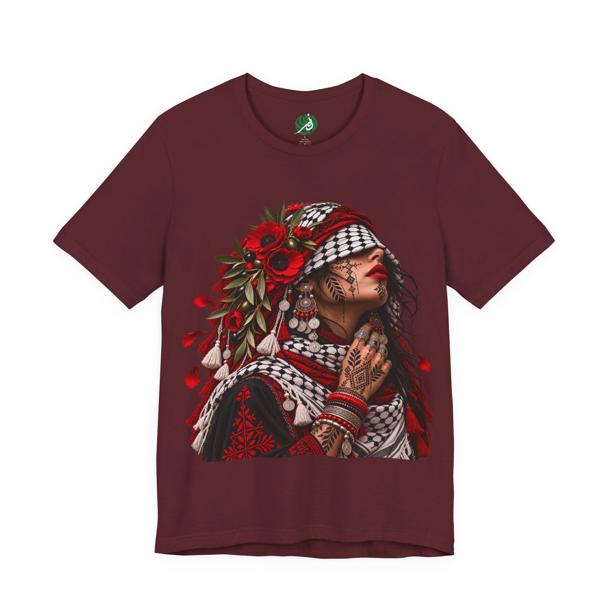 Palestinian Woman Portrait Tee | Keffiyeh Floral Illustration