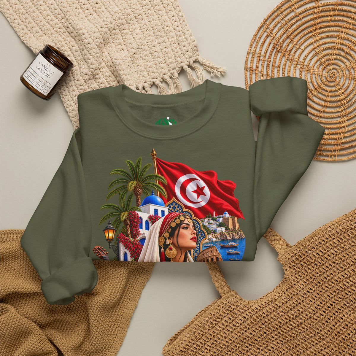 Sweat-shirt ras du cou Héritage Tunisien – Drapeau tunisien et collage culturel
