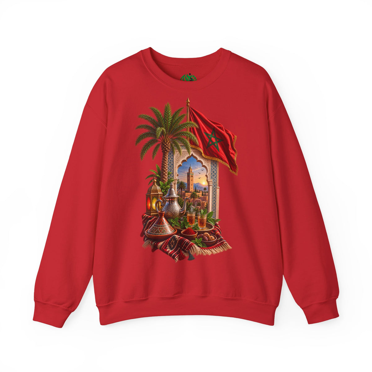 Moroccan Medley Crewneck Sweatshirt — Moroccan Flag & Desert Scene