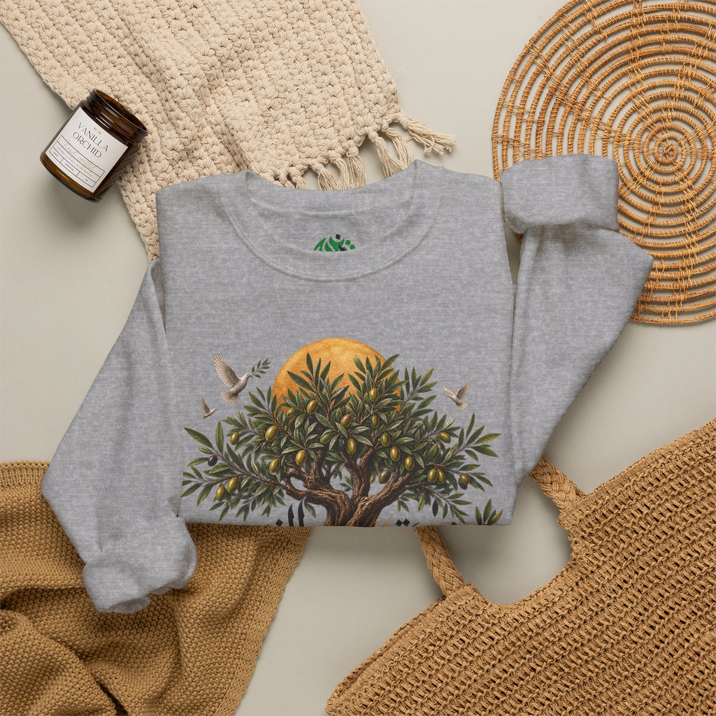 Sweat-shirt illustration Olivier | Calligraphie palestinienne, soleil et oiseaux