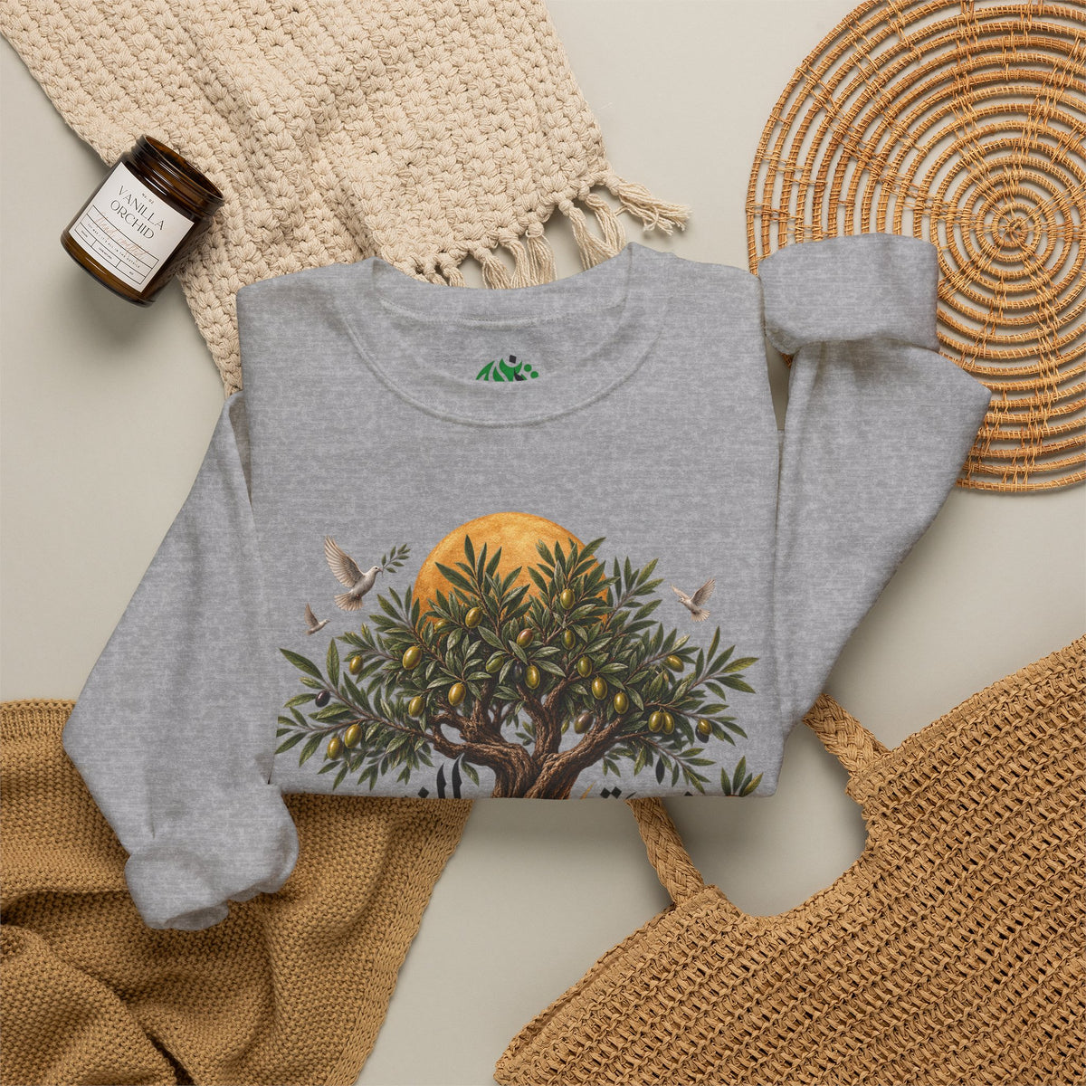 Olive Tree Illustration Sweatshirt | Palestine Calligraphy, Sun and Birds