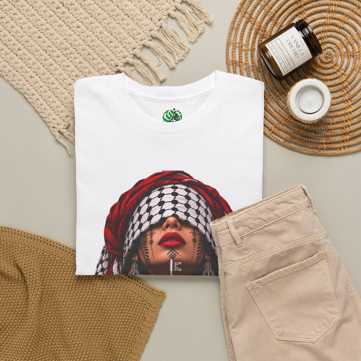 Palestinian Keffiyeh Portrait Tee — Bold Middle Eastern Cultural Art T-Shirt