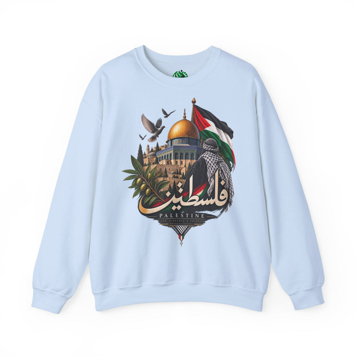 Palestine Dome of the Rock Sweatshirt — Solidarity Crewneck with Keffiyeh & Olive Branch Design