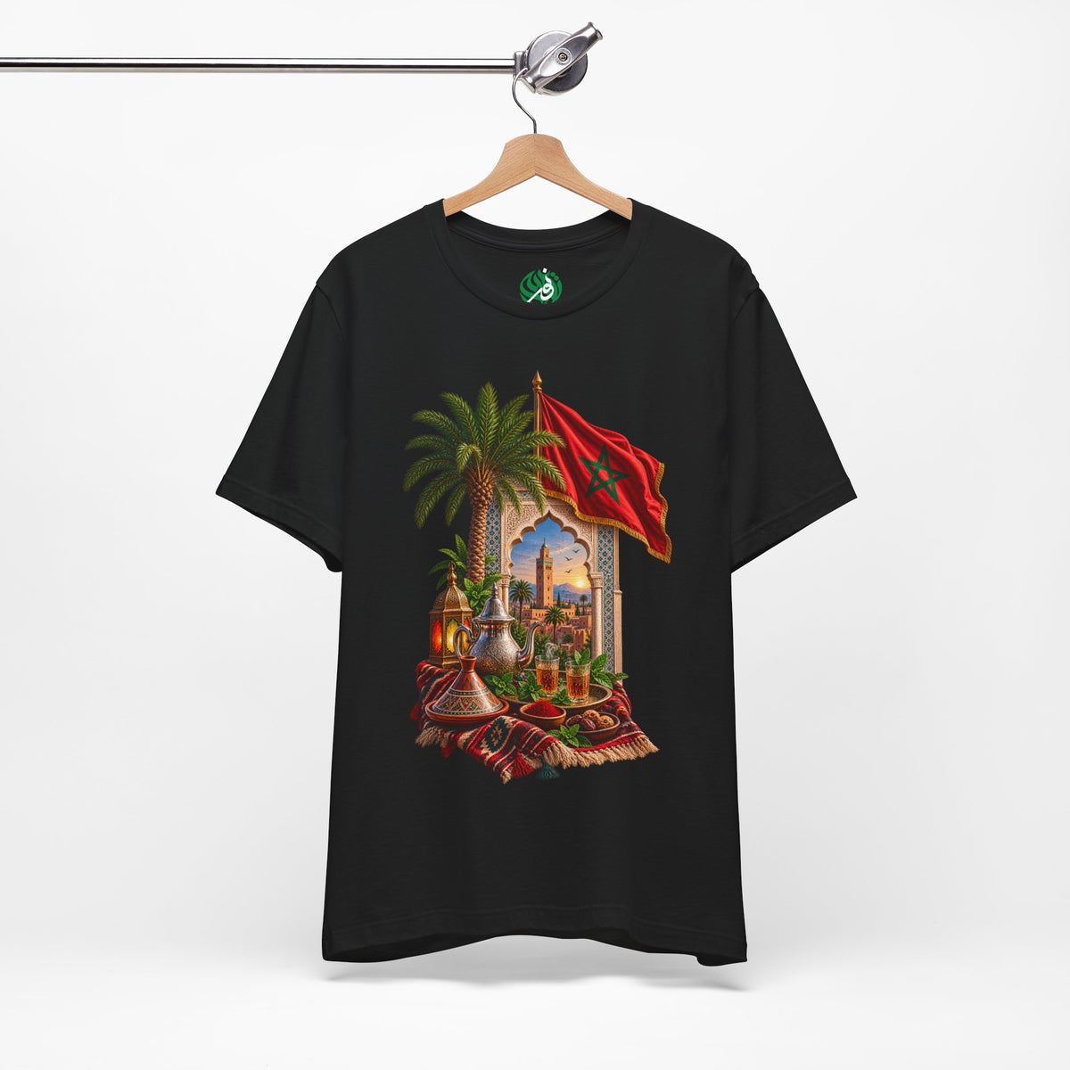 Moroccan Flag Medina Scene T-Shirt | Palm Tree, Lanterns, Tea Set