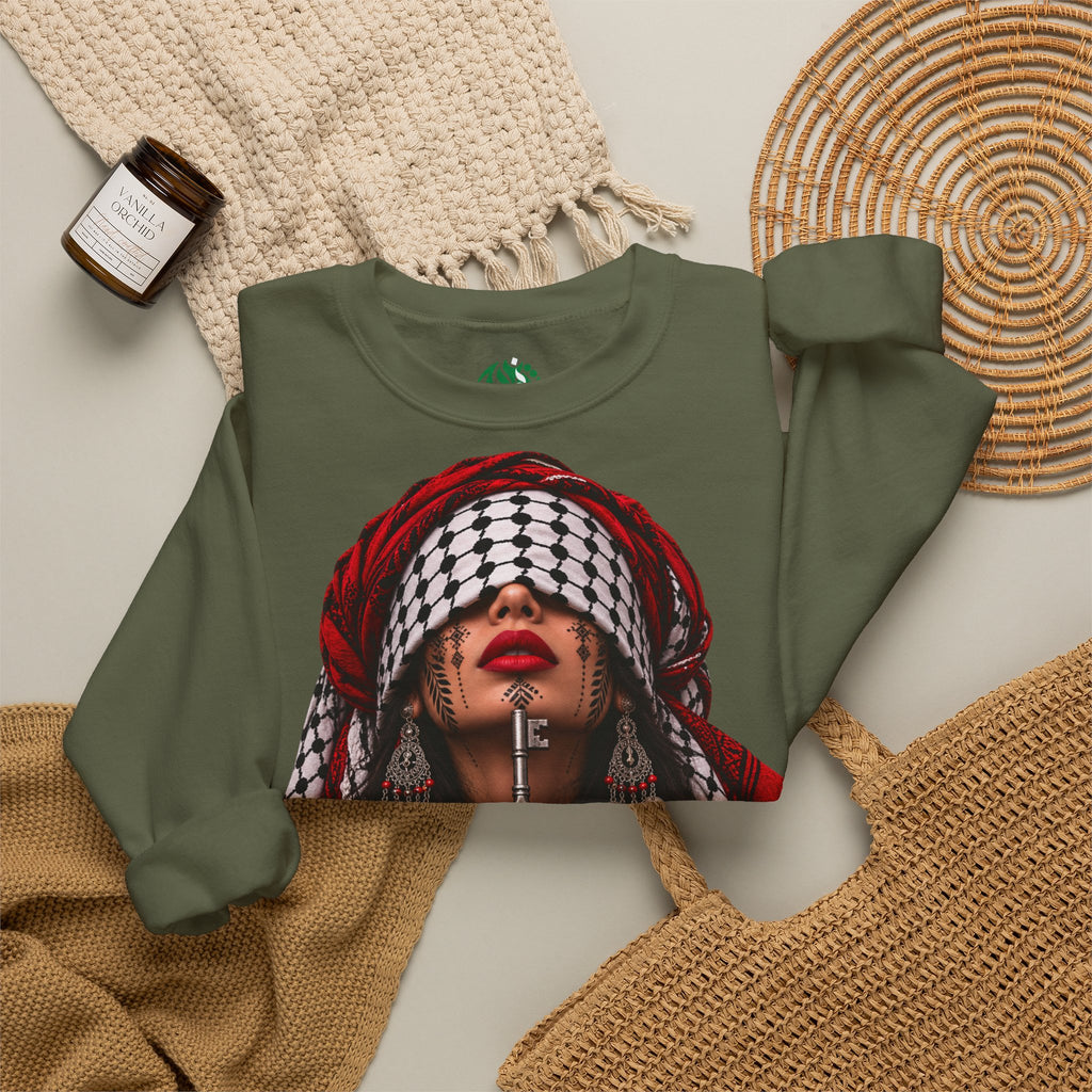 Palestinian Keffiyeh Woman Graphic Sweatshirt — Resilience Portrait Crewneck