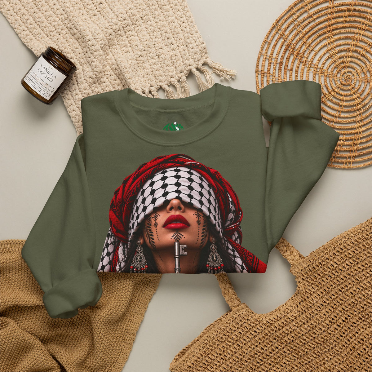 Palestinian Keffiyeh Woman Graphic Sweatshirt — Resilience Portrait Crewneck