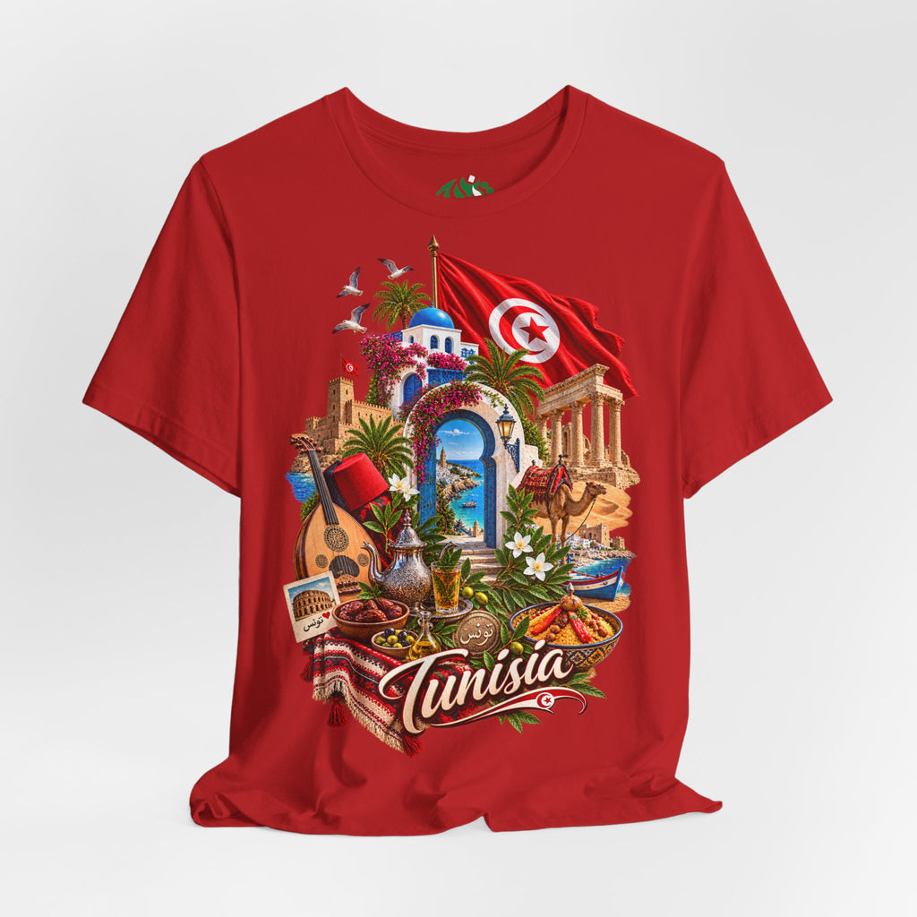 Tunisia travel collage T-Shirt | Tunis flag, medina, guitar, palm trees