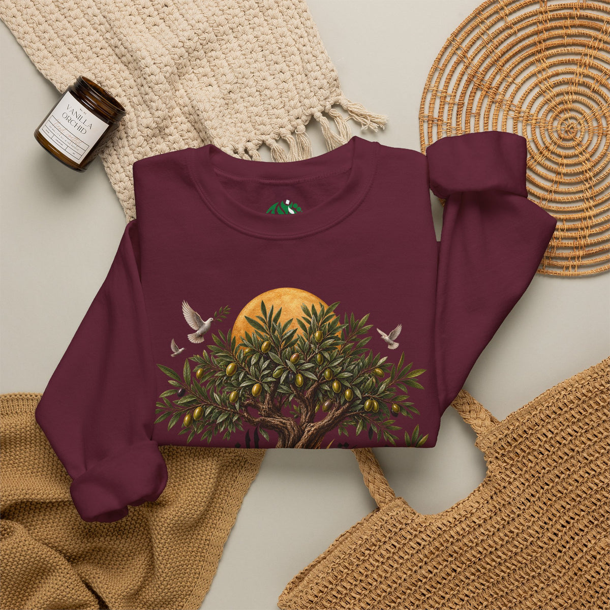 Sweat-shirt illustration Olivier | Calligraphie palestinienne, soleil et oiseaux
