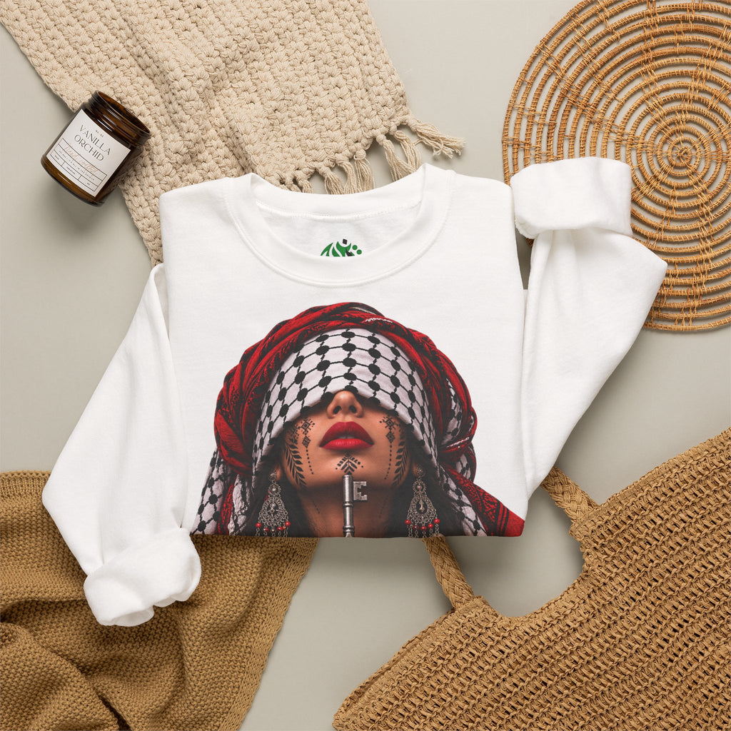 Palestinian Keffiyeh Woman Graphic Sweatshirt — Resilience Portrait Crewneck