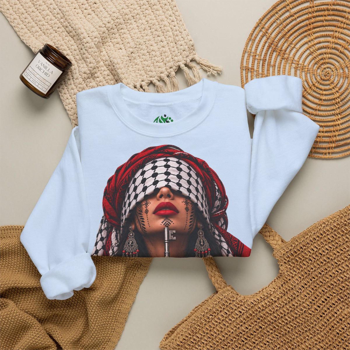 Palestinian Keffiyeh Woman Graphic Sweatshirt — Resilience Portrait Crewneck