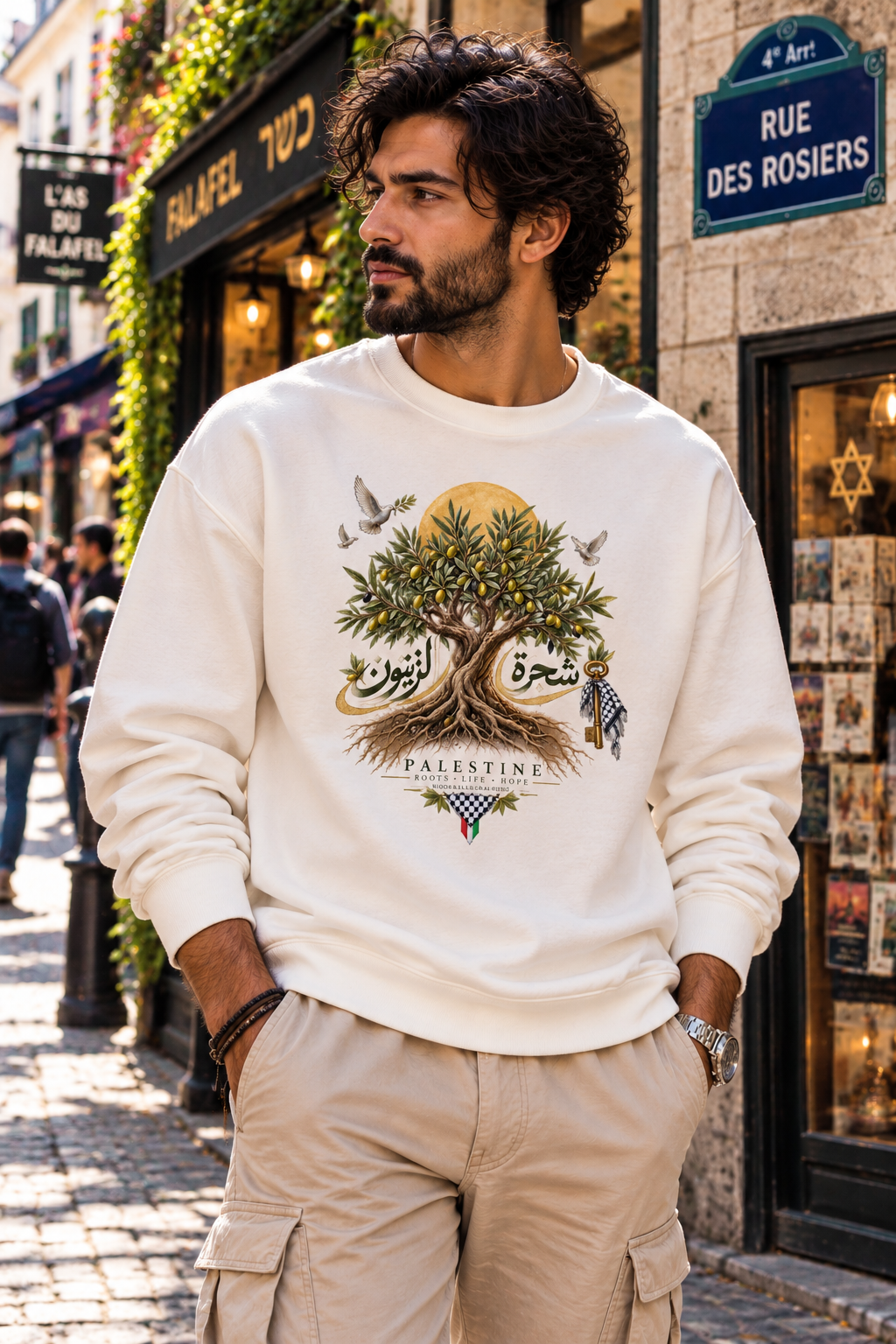 Olive Tree Illustration Sweatshirt | Palestine Calligraphy, Sun and Birds