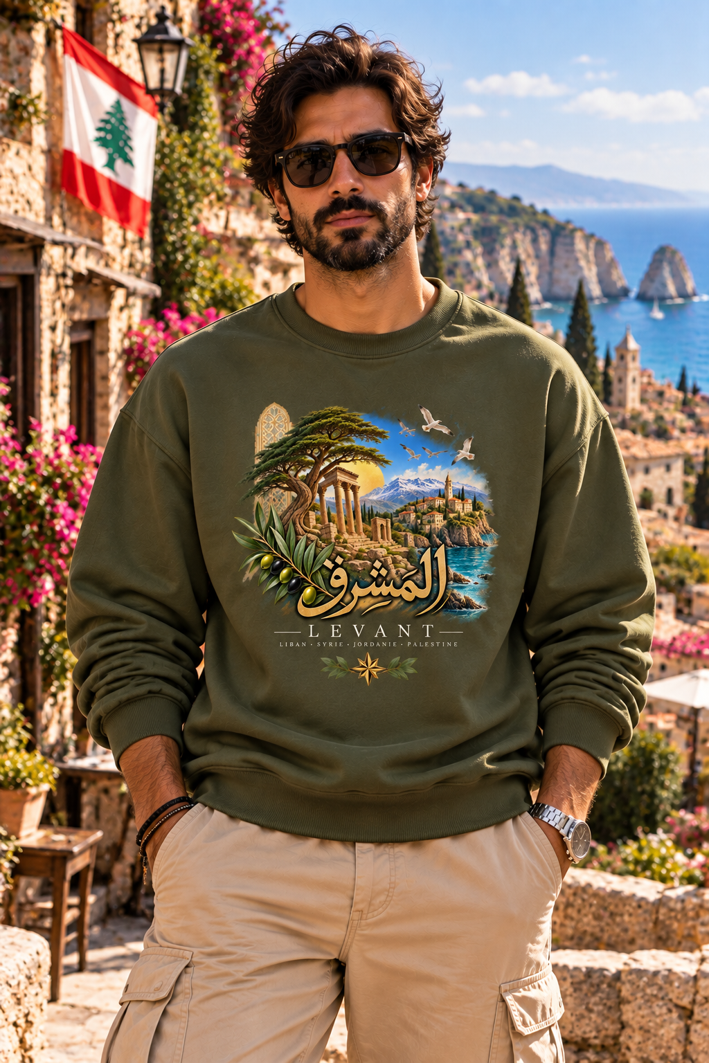 Levant Vintage Ruins Crewneck Sweatshirt | Arabic Calligraphy Landscape
