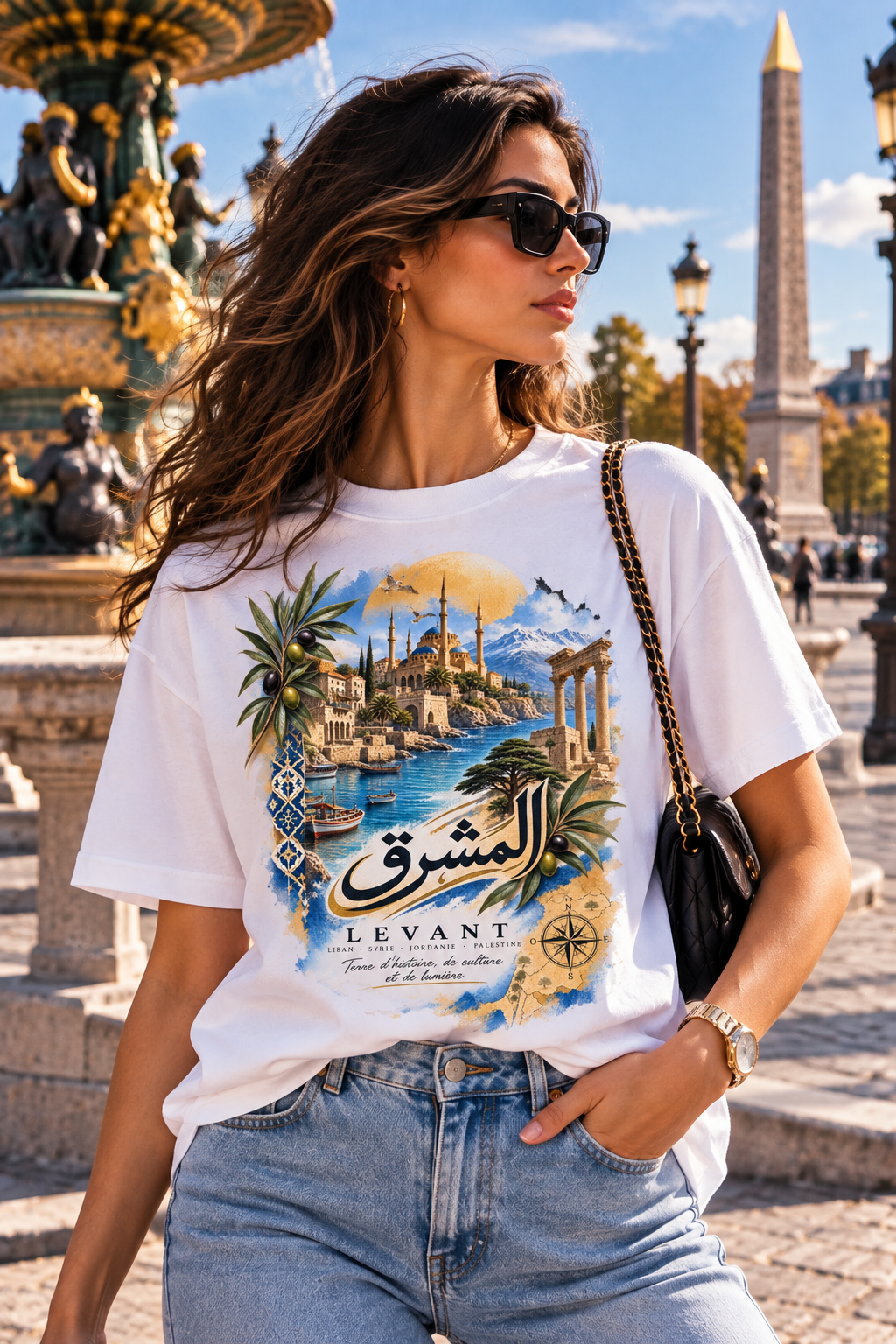 Levant Coastal Illustration T-Shirt | Arabic Script, Palm Trees, Ruins