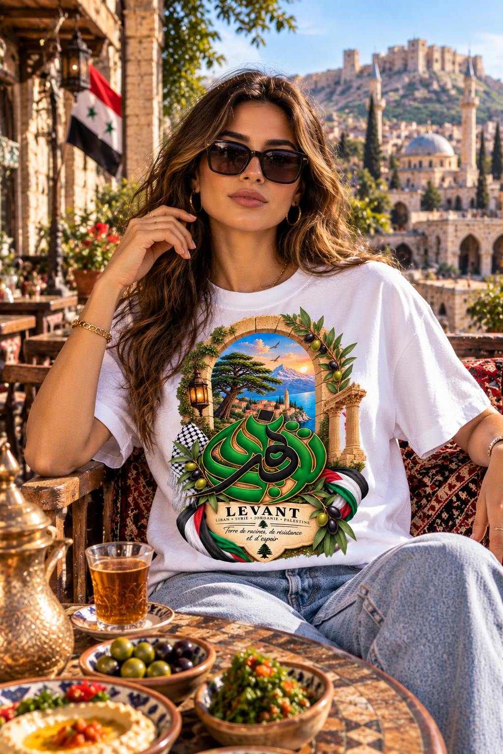 Levant Arabic Calligraphy T-Shirt | Middle East Landscape, Olive Branches