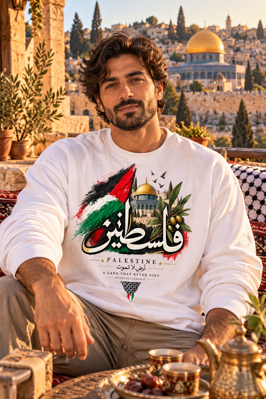 Palestine Dome of the Rock Flag Sweatshirt | Arabic Calligraphy, Olive Branch
